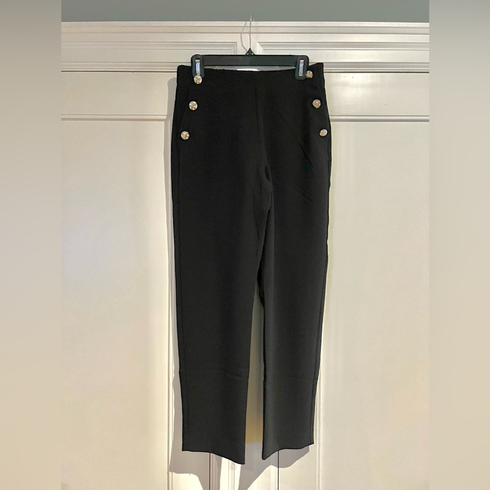 NWT - MANGO Black Pants With Gold Accent Buttons, Size M